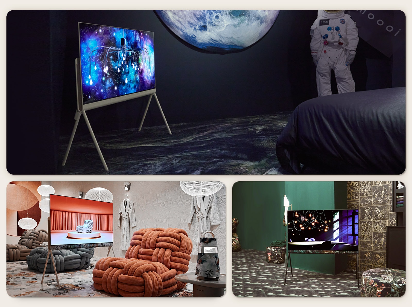 LG OLED Posé is in a black space-themed room with an abstract intergalactic artwork on display. The room also has a picture of a moon and an astronaut.   LG OLED Posé is in a cream room with hints of colors. The room has terracotta and charcoal-colored chunky woven sofa chairs, white ball-shaped light fixtures, and bathing robes hanging on the wall. The TV shows an image of the same charcoal sofa chair on a platform in a terracotta-colored room.  LG OLED Posé is in an opulent emerald green room. The TV shows light casting over a table through windowpanes on the screen. The room also features black and gold ornate tiles and black floral patterned textile stools. 