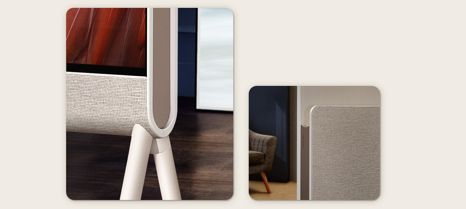 Cận cảnh góc dưới LG OLED Posé nhìn từ phía trước, tập trung vào mặt vải, trong nền là sàn gỗ.   Cận cảnh mặt vải của kệ phương tiện của LG OLED Posé và logo LG Objet với một chiếc ghế bành ở phía sau.