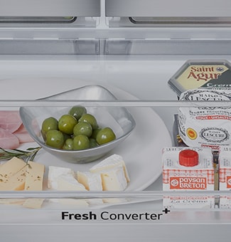 Hình ảnh cận cảnh tính năng fresh converter trong tủ lạnh lg cửa kiểu pháp với insta view.
