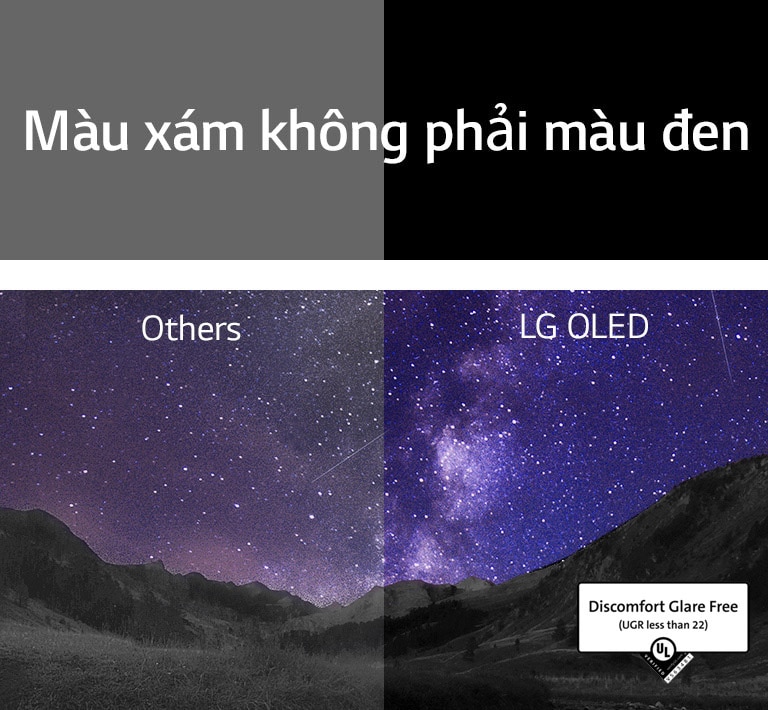 Dải Ngân hà lấp đầy bầu trời đêm phía trên khung cảnh hẻm núi. Phía trên hình ảnh, dòng chữ "xám không phải đen" được viết bằng chữ in hoa màu trắng trên nền đen. Màn hình được chia thành hai bên và được đánh dấu "Khác" và "LG OLED". Mặt còn lại mờ hơn và độ tương phản thấp hơn đáng kể, trong khi mặt LG OLED sáng với độ tương phản cao. Phía LG OLED cũng có chứng nhận Discomfort Glare Free.