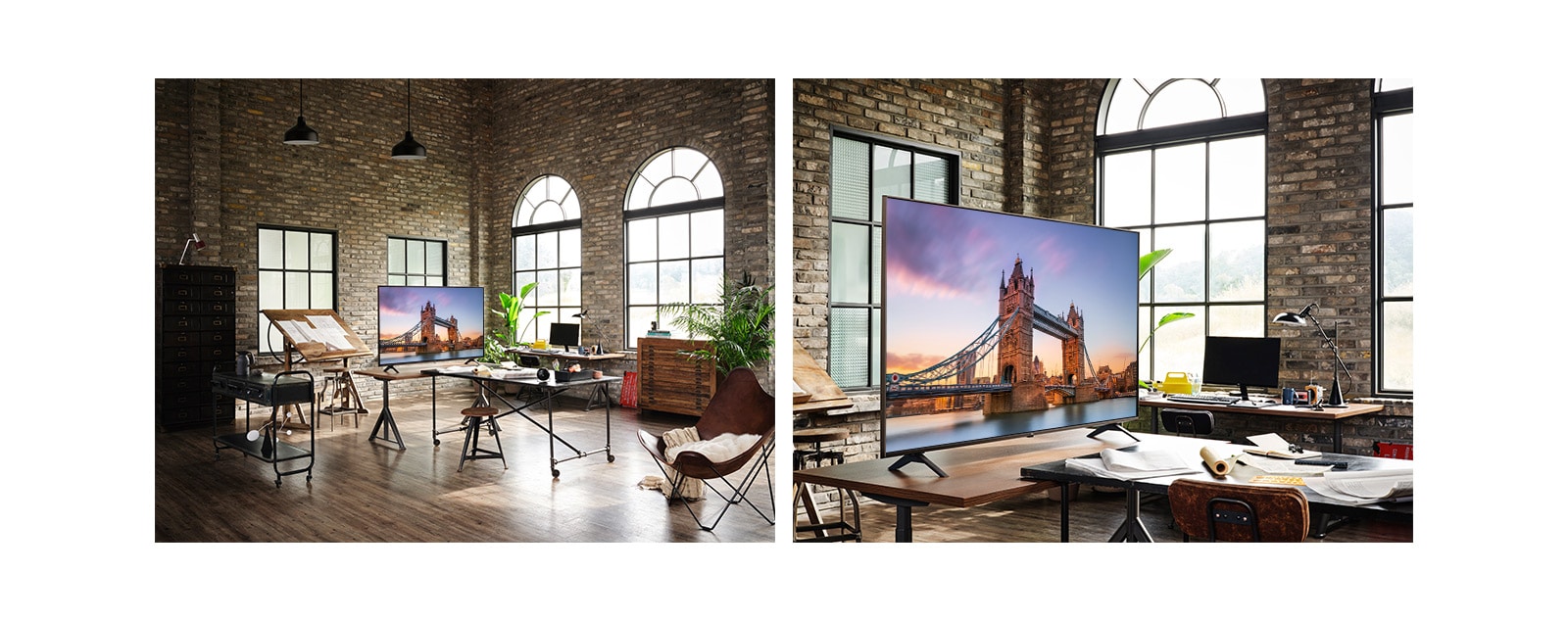 "A TV displaying a picture of London Bridge is in an antique workroom. A close up of a TV displaying a picture of London Bridge is on a table in an antique workroom."