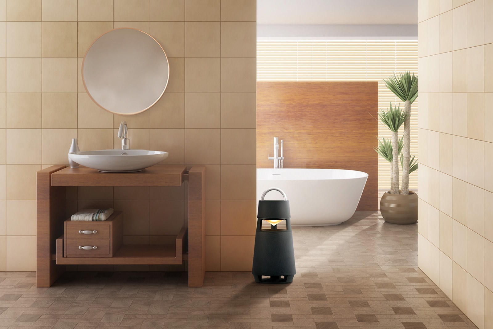 Hình ảnh loa XBOOM 360 được đặt ở phòng tắm có độ ẩm hơi cao để thể hiện khả năng chống ẩm của sản phẩm.