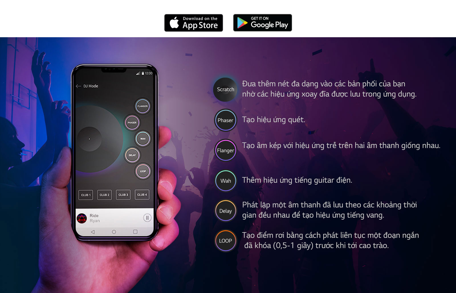 Hình ảnh bàn tay đang cầm điện thoại có bật màn hình ứng dụng DJ và các chức năng được liệt kê bên cạnh để thể hiện âm thanh phát ra từ loa như thể một DJ đang chơi qua ứng dụng XBOOM.