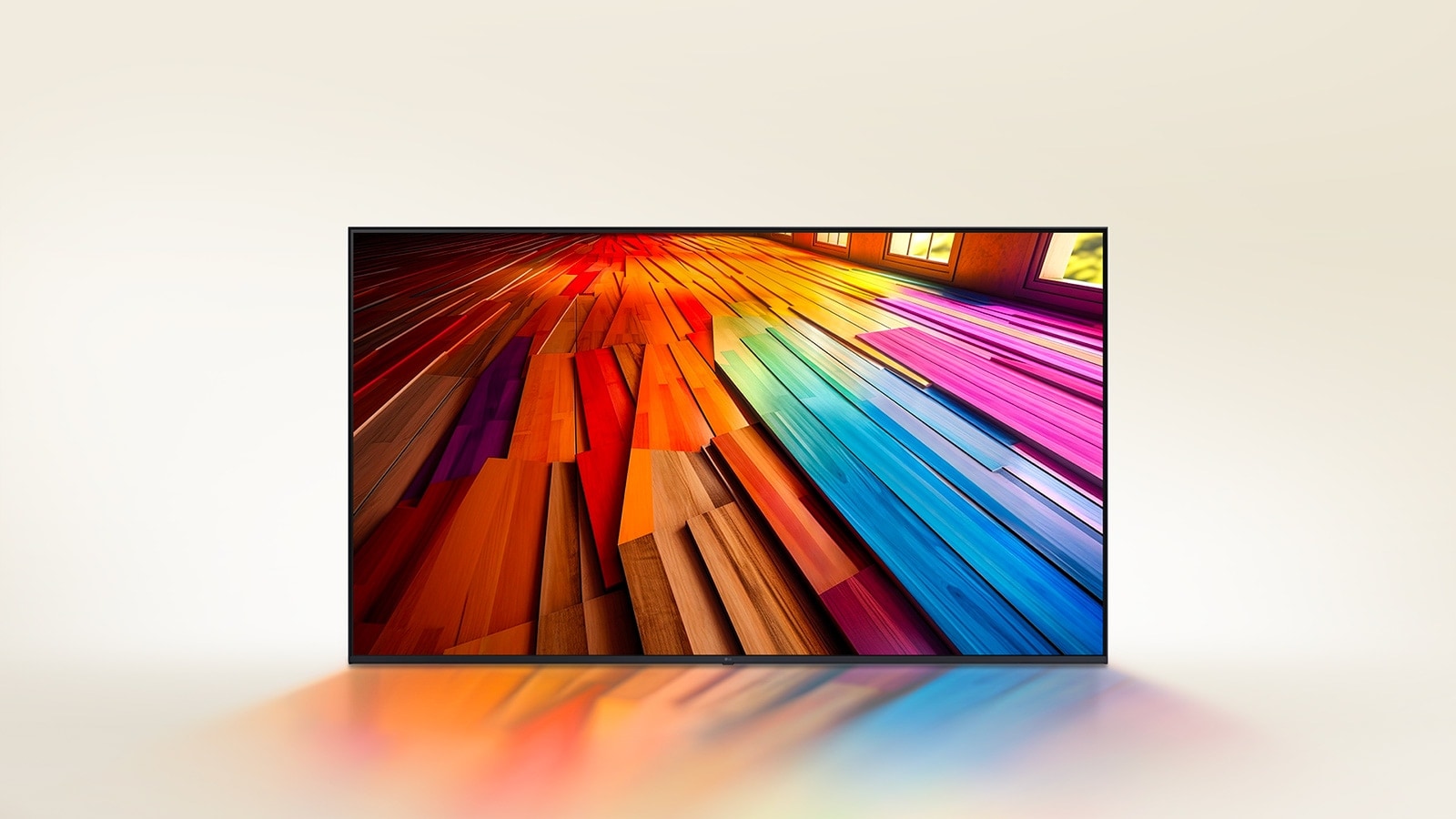 Một tấm sàn gỗ cứng dài, có màu sắc rực rỡ được hiển thị trên TV LG UHD.