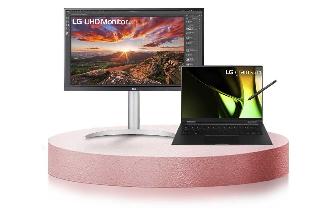 LG Combo Laptop LG gram touch 14 inch, hệ điều hành Windows Home Plus 11, core i5, RAM 16GB SSD 512GB với Màn hình USB Type-C™ 27UP850N-W, Hình ảnh mặt trước, 14TAH55.27UP8