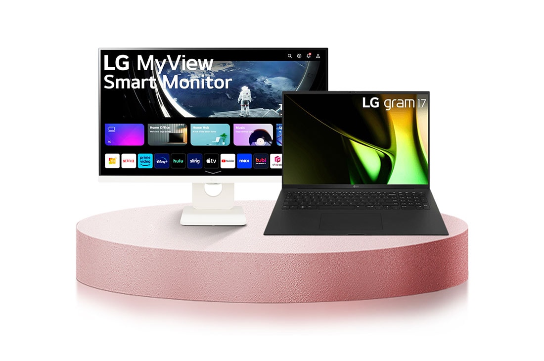 LG Combo Laptop LG gram 17 inch, hệ điều hành Windows Home Adv 11, core i7, RAM 16GB SSD 1TB & Màn hình thông minh IPS LG MyView 25'' Full HD với webOS, Front view with bundle image , 17AH78.25SR