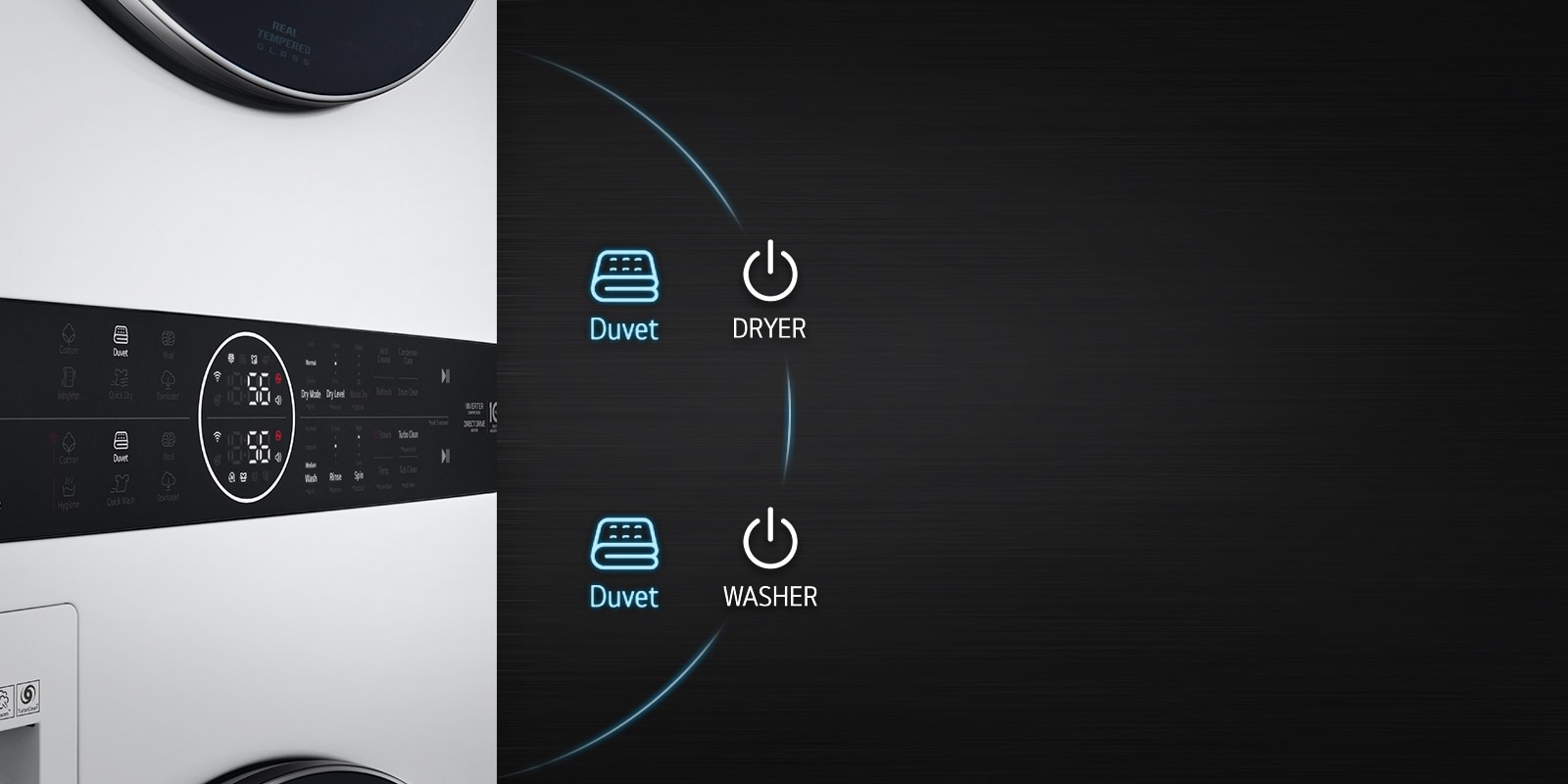 Đây là hình ảnh của bảng điều khiển sản phẩm. Nút Chăn của Máy sấy và Nút Chăn của Máy giặt được tô sáng.