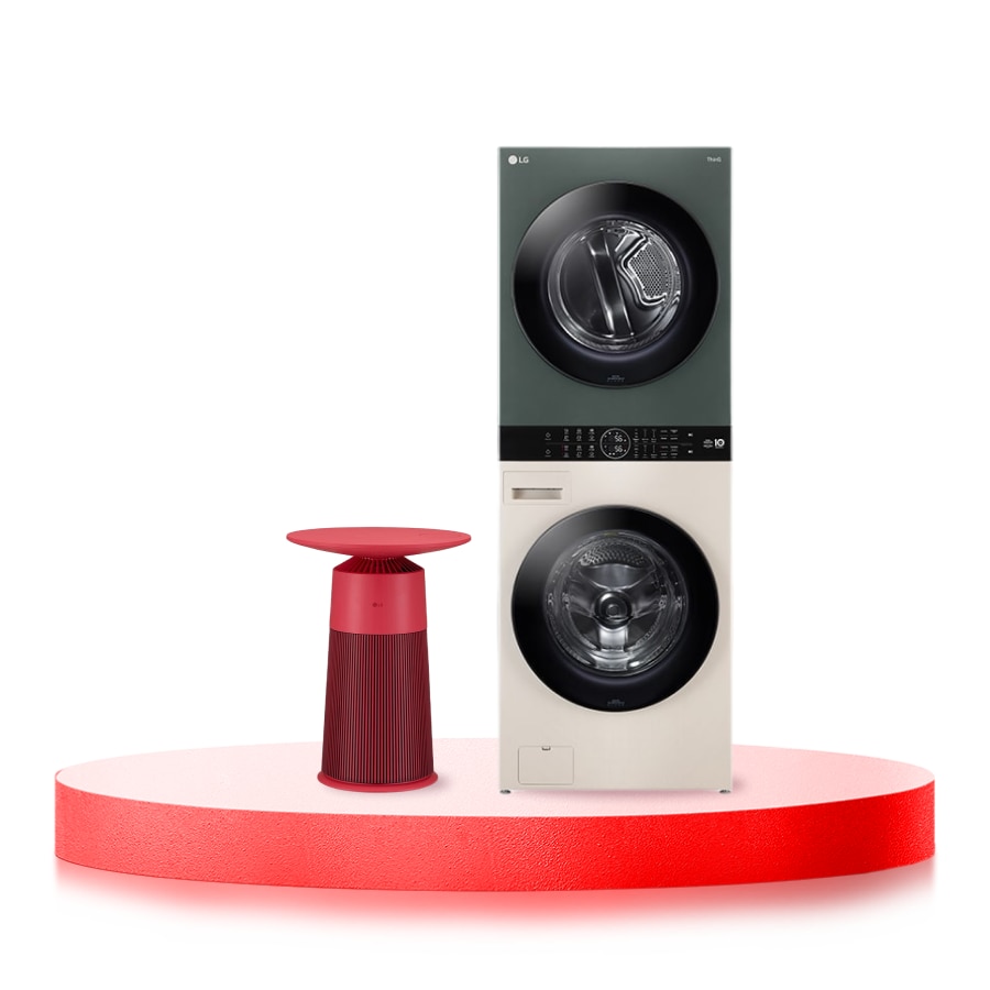 LG Combo Máy lọc khí PuriCare AeroFurniture Công nghệ UVnano™ Màu đỏ | AS20GPRU0 & Tháp giặt sấy LG WashTower™ Giặt 25kg/Sấy 17kg xanh/be - WT2517NHEG, Bundle front view, WT2517AS20R.ABAE