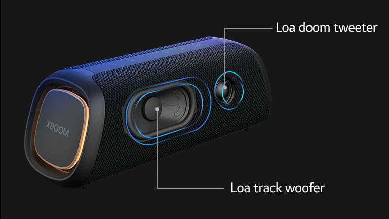 Loa LG XBOOM Go XG7 nhìn nghiêng, cho thấy loa trầm loại rãnh và loa cao tần vòm.