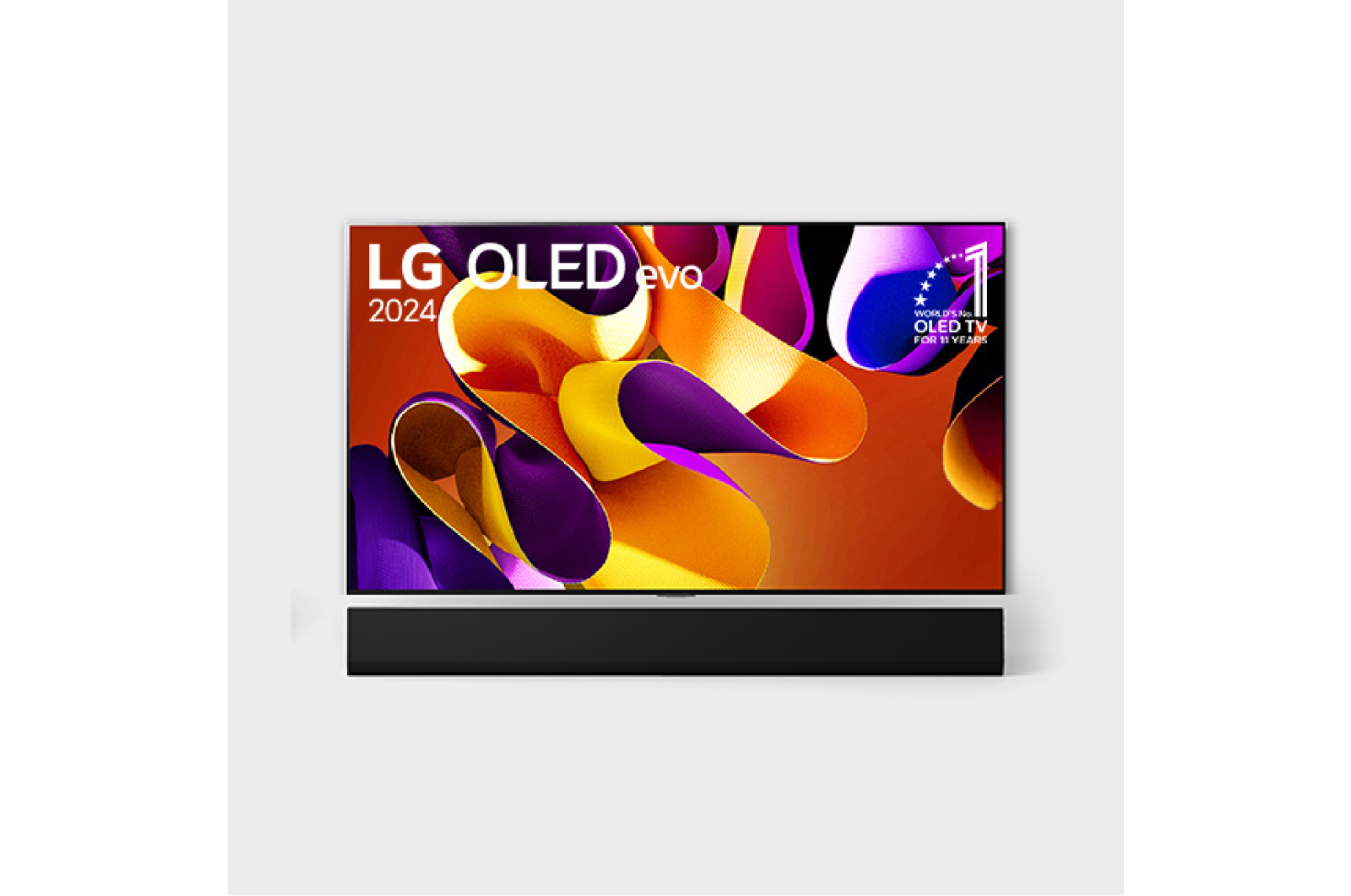 LG TV LG 65 Inch OLED evo G4 4K Smart TV OLED65G4PSA, Hình ảnh mặt trước với LG OLED TV evo, OLED G4, Logo biểu tượng OLED 11 năm đứng đầu thế giới và logo Bảo hành bảng điều khiển 5 năm trên màn hình, cùng với Soundbar ở bên dưới, OLED65G4PSA