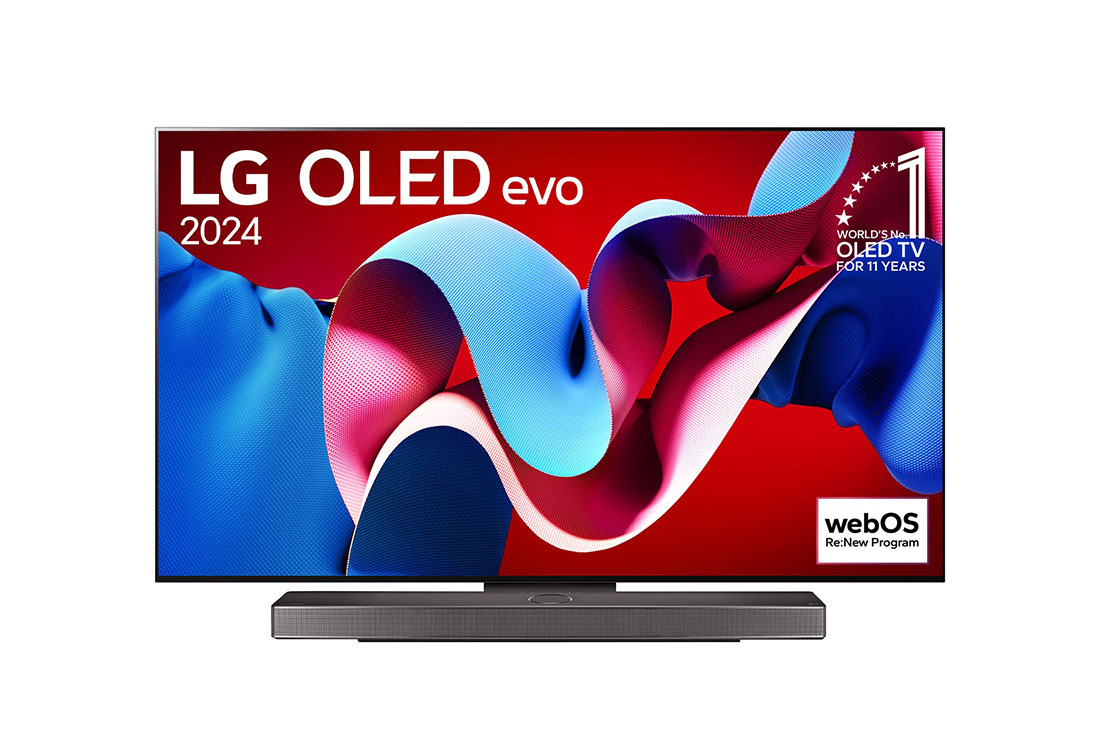 LG TV LG 65 Inch OLED evo C4 4K Smart TV OLED65C4PSA, Hình ảnh mặt trước với LG OLED TV evo, OLED C4, Logo biểu tượng OLED 11 năm đứng đầu thế giới và logo webOS Re:New Program trên màn hình, cùng với Soundbar ở bên dưới, OLED65C4PSA