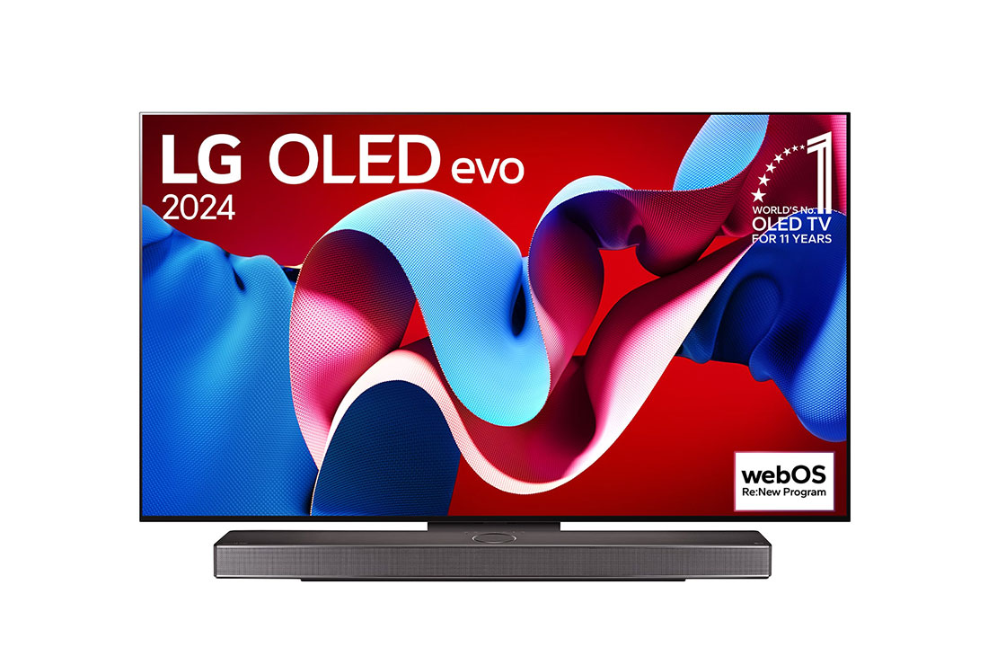 LG TV LG 55 Inch OLED evo C4 4K Smart TV OLED55C4PSA, Hình ảnh mặt trước với LG OLED TV evo, OLED C4, Logo biểu tượng OLED 11 năm đứng đầu thế giới và logo webOS Re:New Program trên màn hình, cùng với Soundbar ở bên dưới, OLED55C4PSA