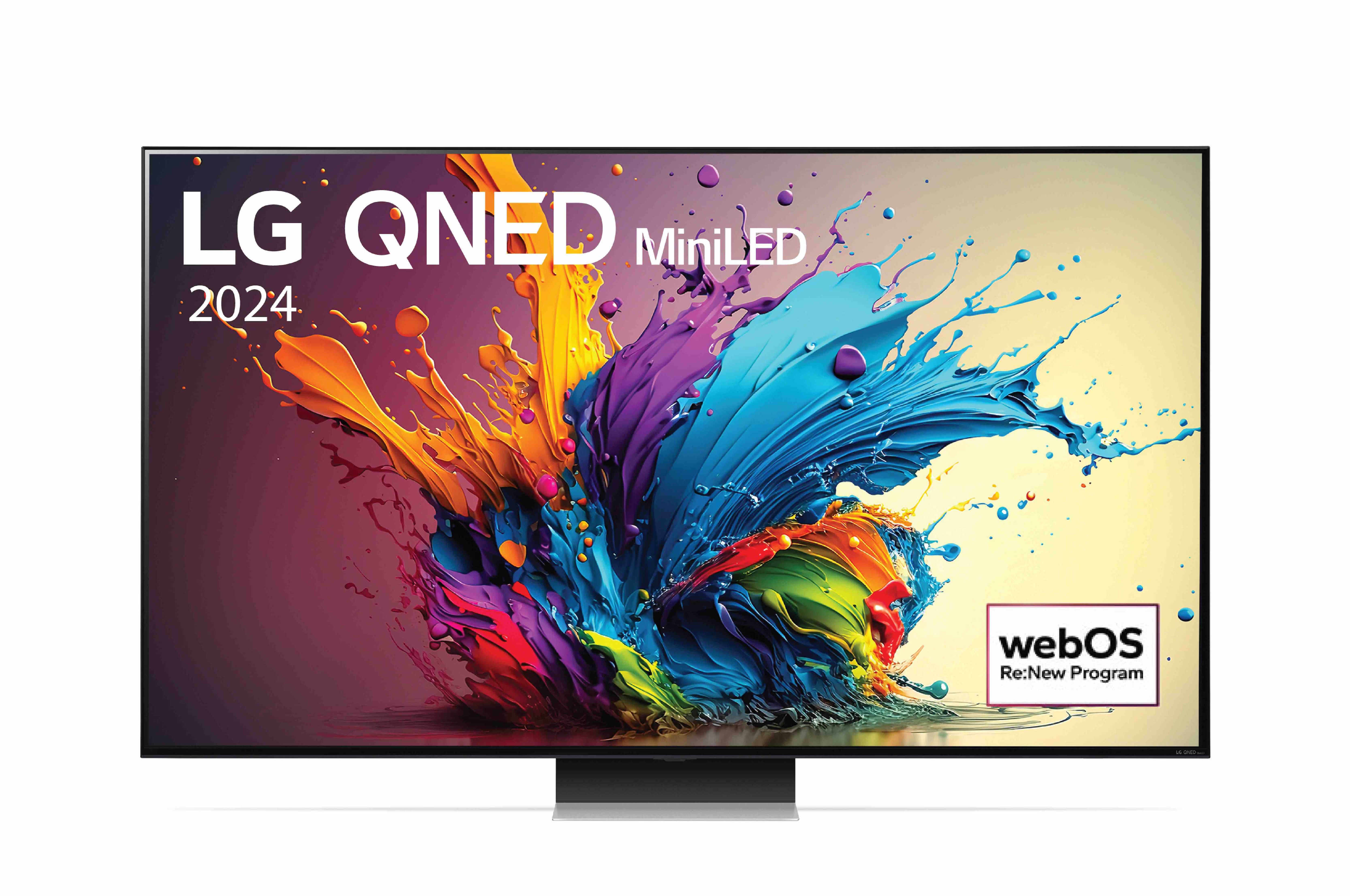 LG TV LG QNED 86 inch 86QNED91TSA, Mặt trước của TV LG QNED, QNED91 với dòng chữ của LG QNED MiniLED, 2024 và logo webOS Re:New Program trên màn hình, 86QNED91TSA