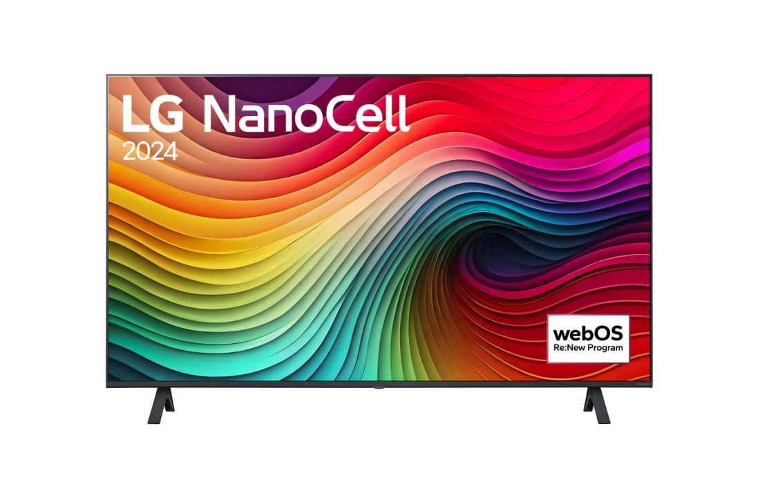LG TV thông minh LG NanoCell NANO81 4K 43 inch 2024, Mặt trước của TV LG NanoCell, NANO80 với văn bản của LG NanoCell, 2024 và logo webOS Re: New Program trên màn hình, 43NANO81TSA