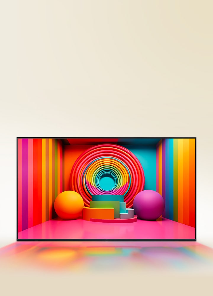 Một đường hầm hình vuông, màu sắc rực rỡ, thu hẹp dần về phía sau, hiển thị trên TV LG.