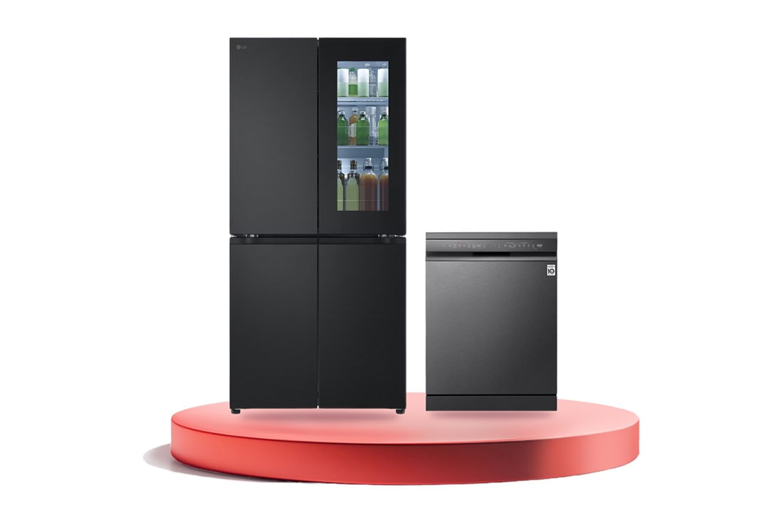 LG Combo Tủ lạnh LG French Door InstaView™ 530L màu đen LFB53BLMI & Máy rửa bát LG TrueSteam™ màu đen LDT14BLA4, Front view , F53BD14B.AEVPEVN
