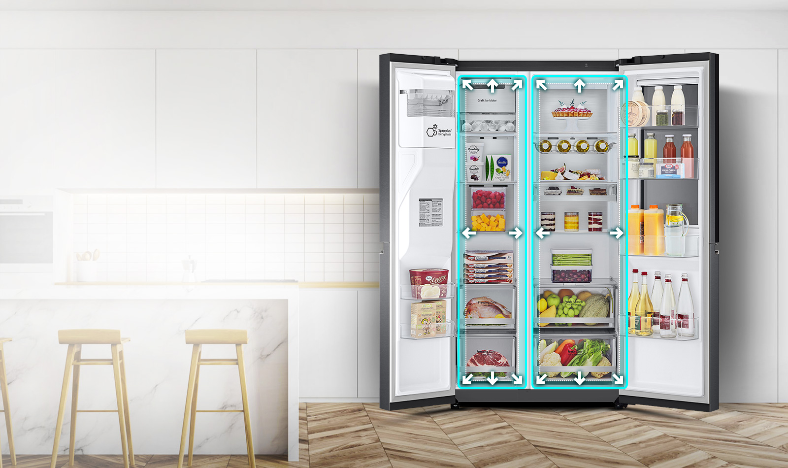 A video begins with the front view of the refrigerator with both doors wide open. The interior spaces are outlined in a neon lines and arrows begin to push the lines out to show that there is now more space inside. The neon square around the interior spaces flashes to show the difference between the new space and the old smaller space which is now outlined in a dotted white line.