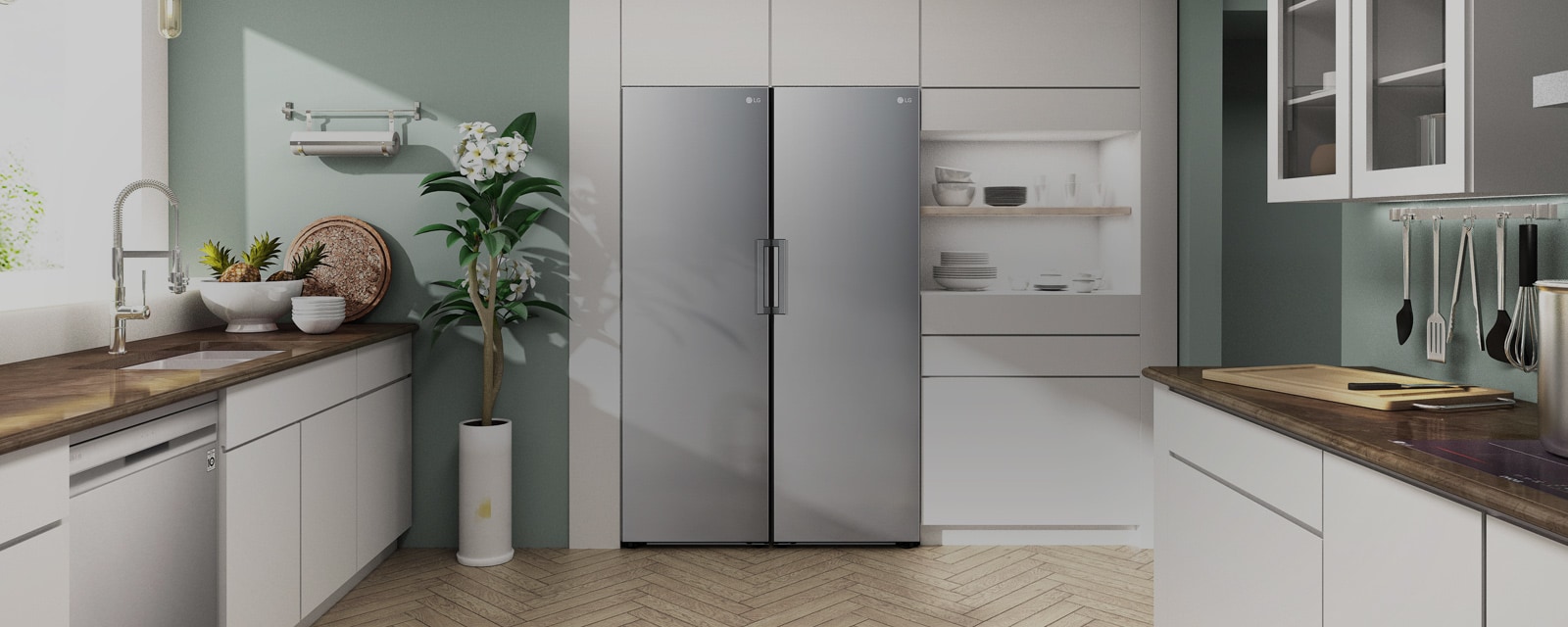 The front view of the refrigerator and freezer or shown fitting in seamlessly in a modern kitchen.