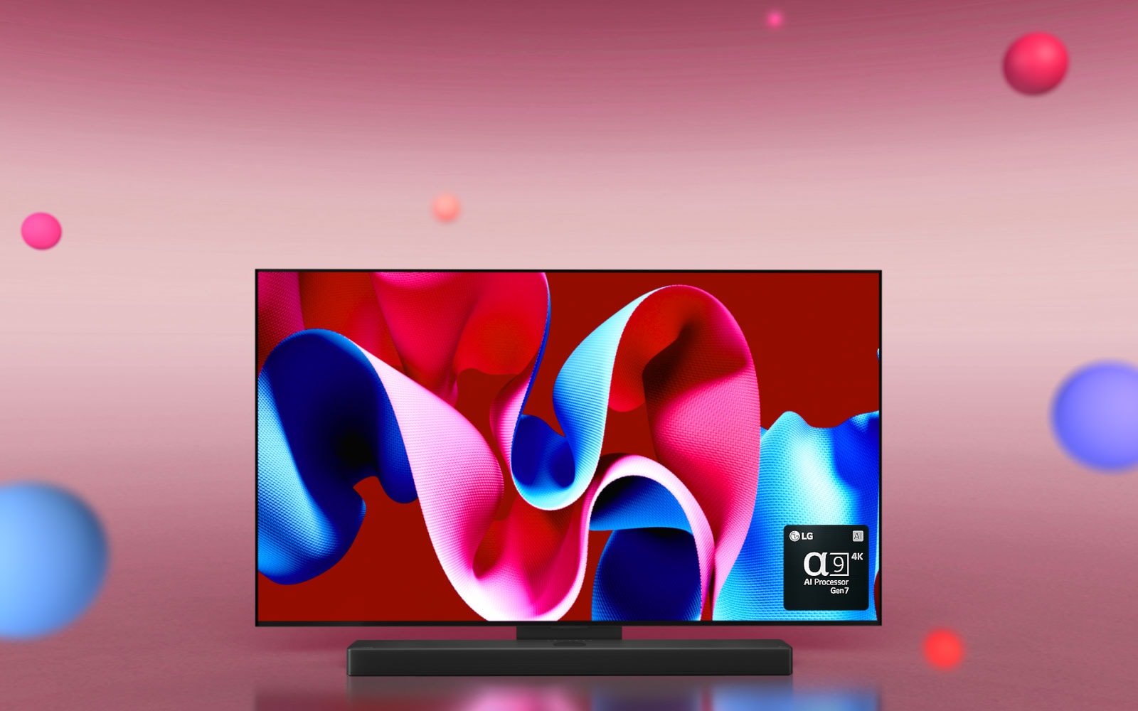 LG OLED C4 and LG Soundbar-ready as they are facing 45 degrees to the right with a pink and blue abstract artwork on screen against a pink backdrop with 3D spheres. The OLED TV and LG Soundbar rotate to face the front. On the bottom right there is a logo of LG alpha 9 AI processor Gen7.