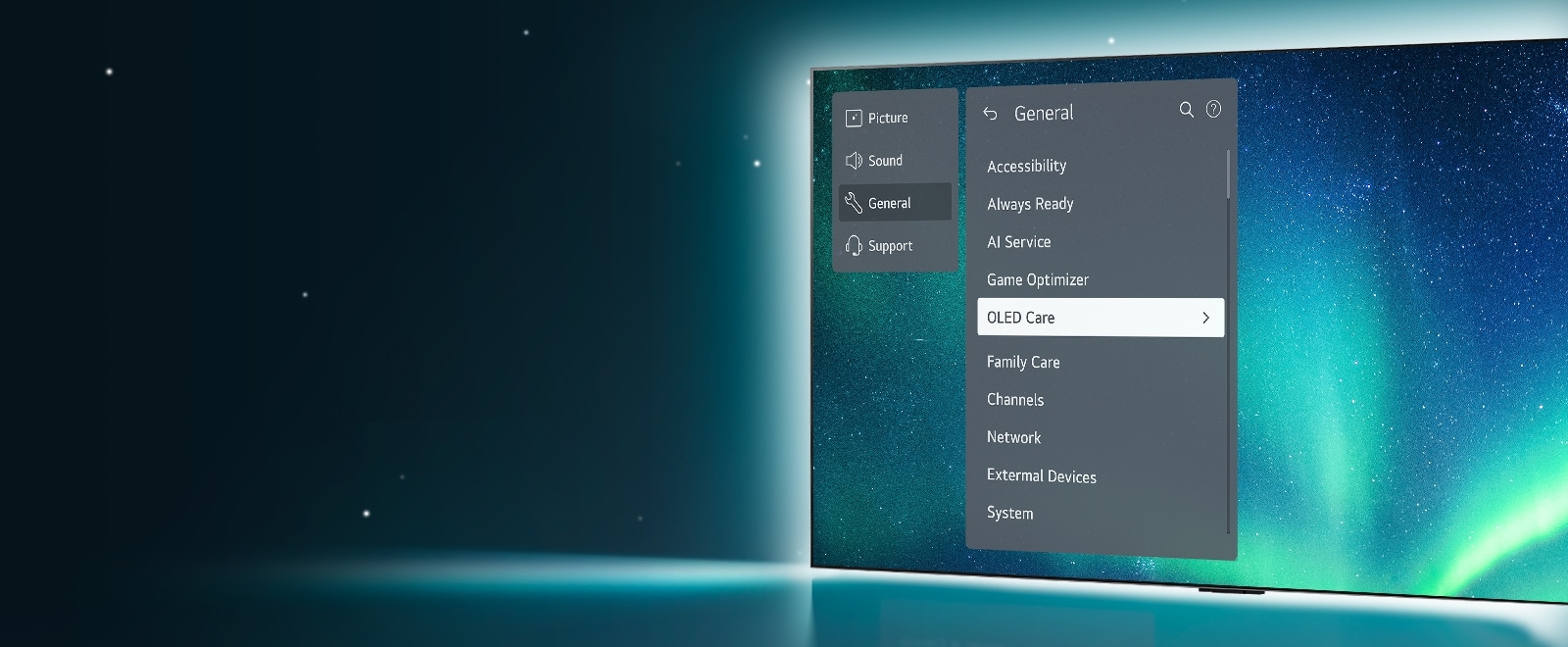 OLED TV is standing on the right side of the image. The Support menu is up on the screen, and the OLED Care menu is selected.