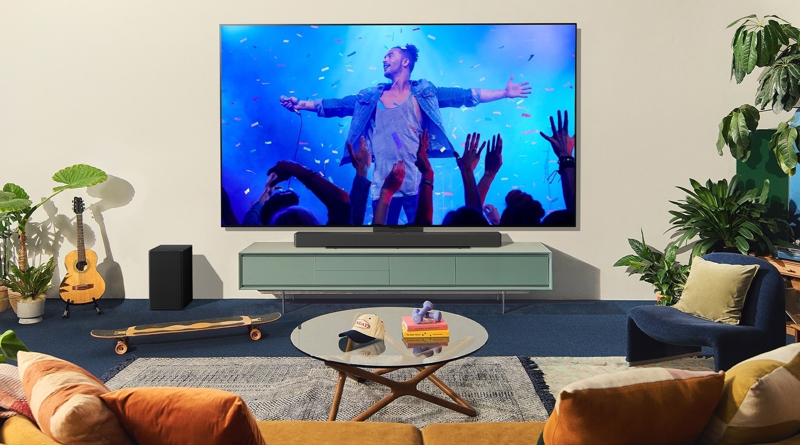 Showing with modern living house, LG OLED TV and Soundbar are matched together with the Synergy Bracket.