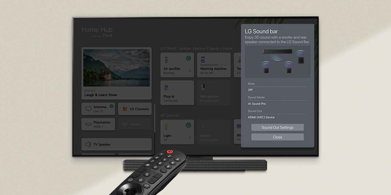 A remote control pointed at an LG OLED TV showing settings on the right side of the screen.