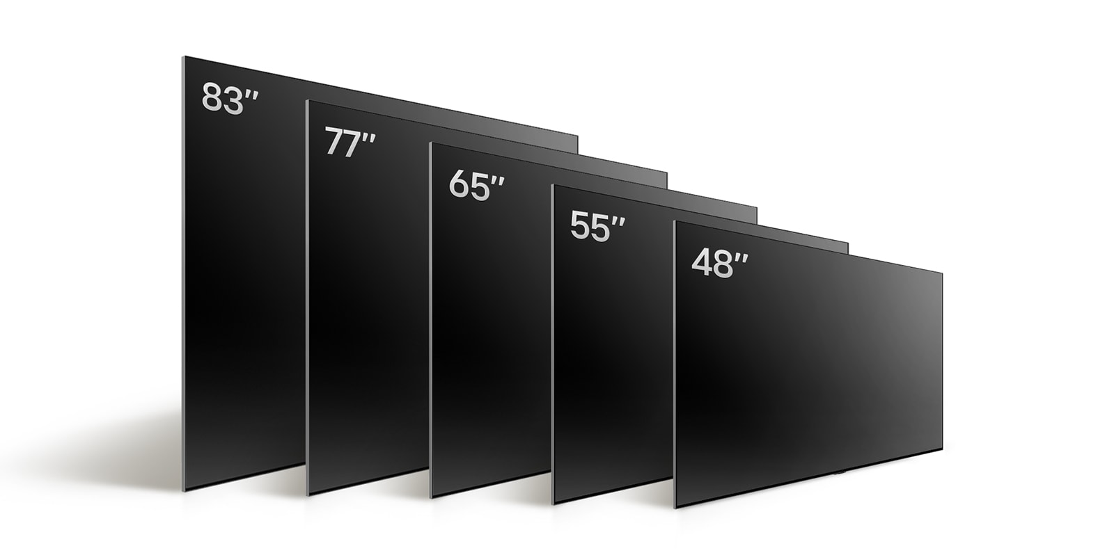 Comparing LG OLED TV, OLED C4's varying sizes, showing OLED 55", OLED C4 65", OLED C4 77", and OLED C4 83".