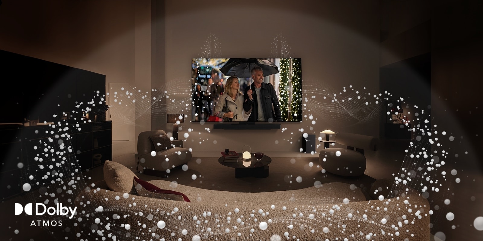 A cozy, dimly lit living space, LG OLED TV displaying a couple is using an umbrella, and bright circle graphics surround the room. Dolby Atoms logo in the bottom left corner.