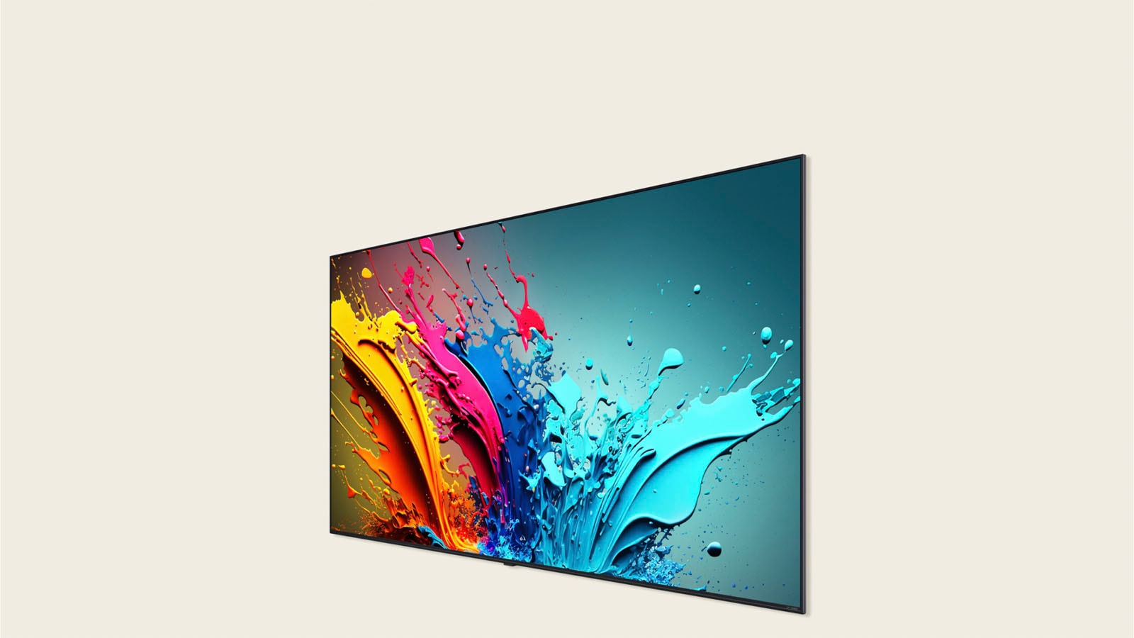 LG QNED85 screen featuring a colorful artwork.