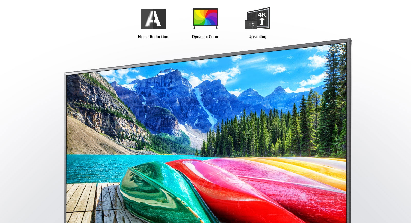 Noise reduction, dynamic color, and upscaling icons and a TV screen showing a scenic shot of mountains, forest, and a lake.