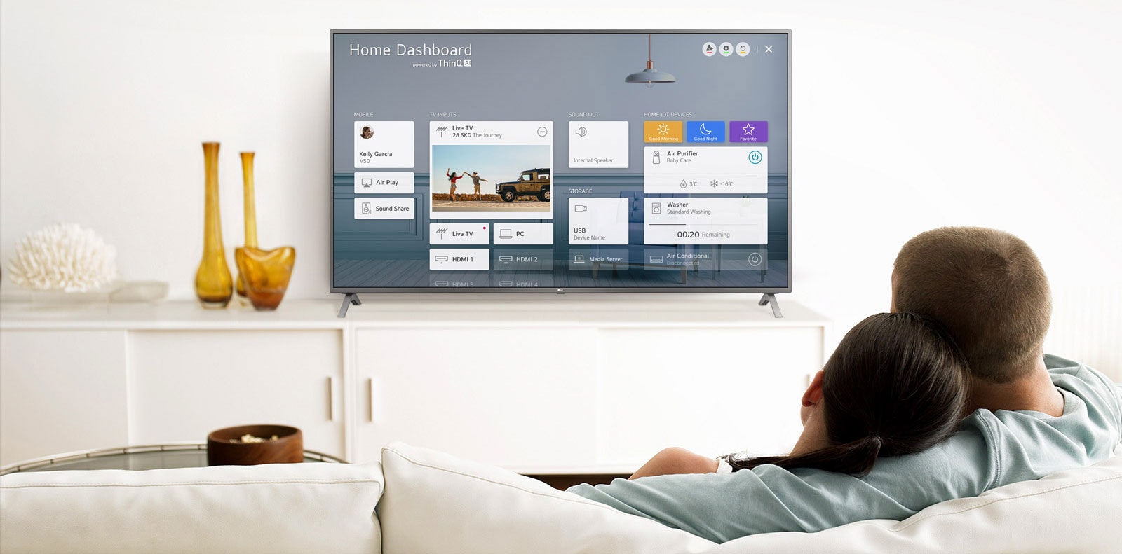 A men and women sitting on a sofa in the living room with the Home Dashboard on the TV screen.