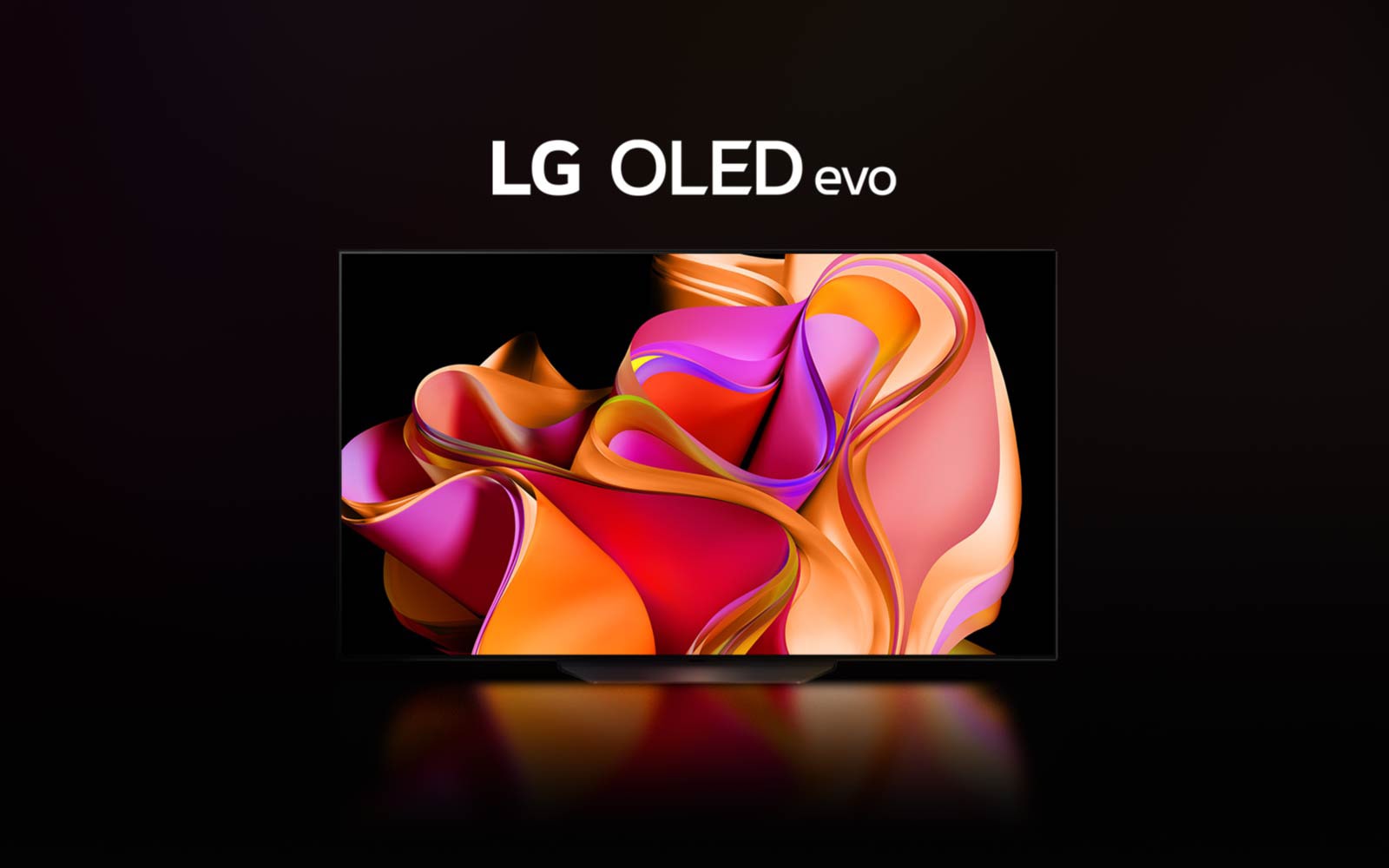 A video shows LG OLED CS3 gradually appearing against a black backdrop. Then, the TV gets larger with a colorful abstract artwork on screen and the words "LG OLED evo" above.