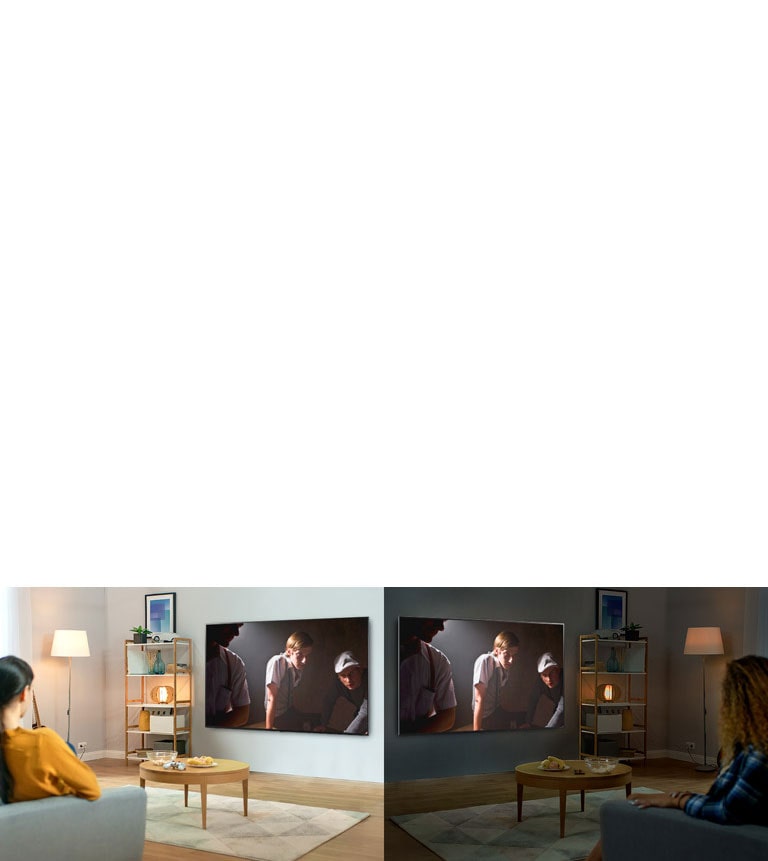 Two women watching the same scene on TV in mirrored living rooms and different brightness conditions