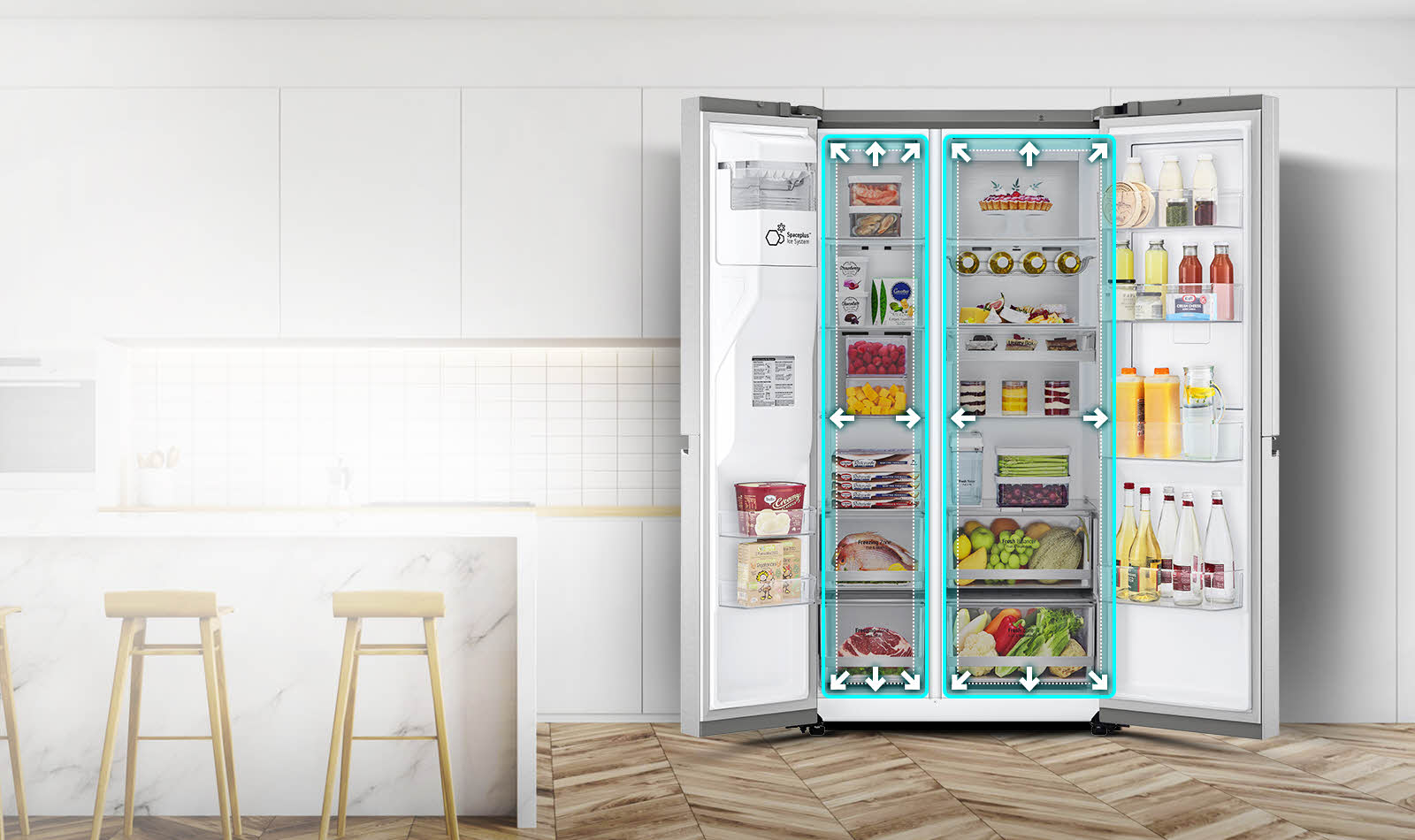 A video begins with the front view of the refrigerator with both doors wide open. The interior spaces are outlined in a neon lines and arrows begin to push the lines out to show that there is now more space inside. The neon square around the interior spaces flashes to show the difference between the new space and the old smaller space which is now outlined in a dotted white line.