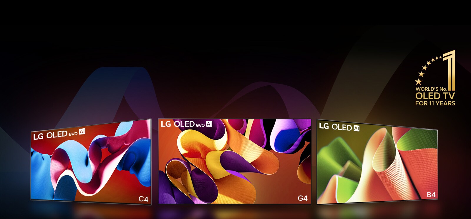 PC: LG OLED evo G4, LG OLED evo C4, and LG OLED B4 side-by-side, each displaying a different-colored abstract artwork on screen. Light casts from each TV to the ground below. A gold emblem of World's number 1 OLED TV for 11 Years at the top right corner.  MO: LG OLED evo G4, LG OLED evo C4, and LG OLED B4 in a row, each displaying a different-colored abstract artwork on screen. Light casts from each TV to the ground below. A gold emblem of World's number 1 OLED TV for 11 Years at the top right corner.