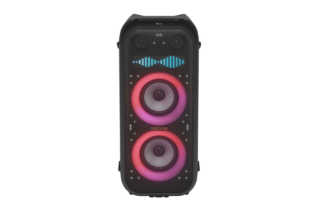 LG XBOOM XL9T 1000W PORTABLE PARTY SPEAKER With Bluetooth, Pixel LED & Multi-Colour Ring Lighting, Front view with all lighting on. On the Pixel Art Display panel, it shows the sound eq., XL9T