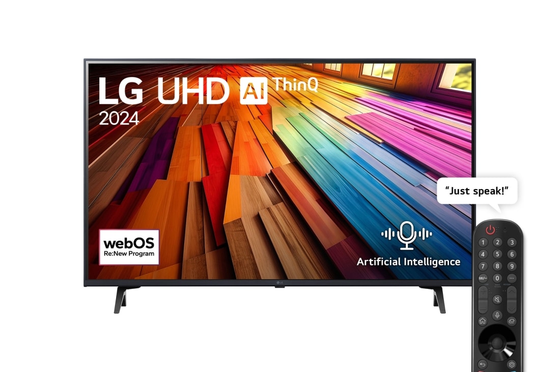 LG 43 Inch LG UHD UT80 4K Smart TV AI Magic remote HDR10 webOS24 2024, Front view of LG UHD TV, UT80 with text of LG UHD AI ThinQ, 2024, and webOS Re:New Program logo on screen, 43UT80006LA