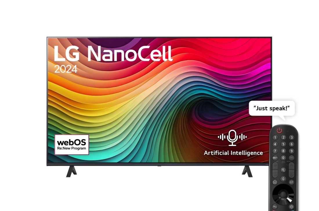 LG 65 Inch LG NanoCell NANO80 4K Smart TV AI Magic remote HDR10 webOS24 2024, Front view of LG NanoCell TV, NANO80 with text of LG NanoCell, 2024, and webOS Re:New Program logo on screen, 65NANO80T6A