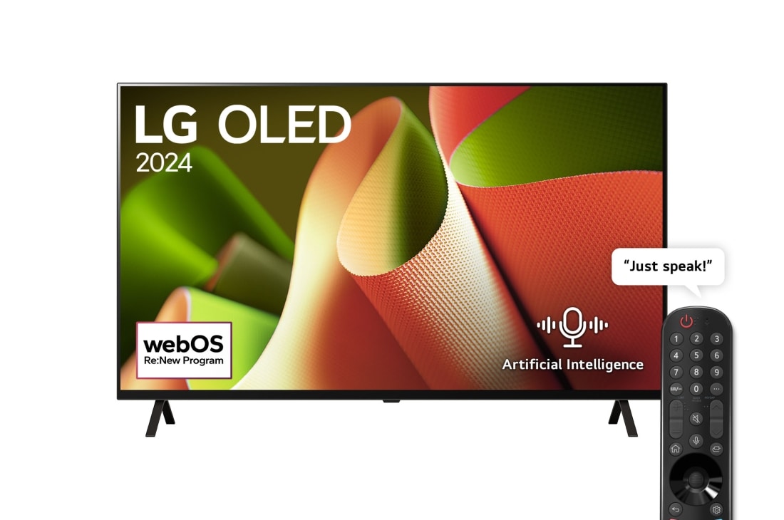 LG 55 Inch LG OLED  B4 4K Smart TV AI Magic remote Dolby Vision webOS24 2024, Front view with LG OLED TV, OLED B4, 11 Years of world number 1 OLED Emblem and webOS Re:New Program logo on screen with 2-pole stand, OLED55B46LA