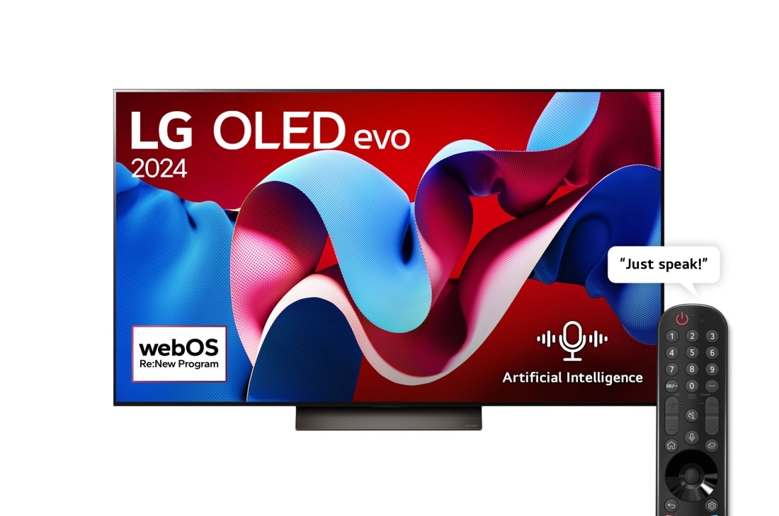LG 55 Inch LG OLED evo C4 4K Smart TV AI Magic remote Dolby Vision webOS24 2024, Front view with LG OLED evo TV, OLED C4, 11 Years of world number 1 OLED Emblem logo and webOS Re:New Program logo on screen, as well as the Soundbar below, OLED55C46LA