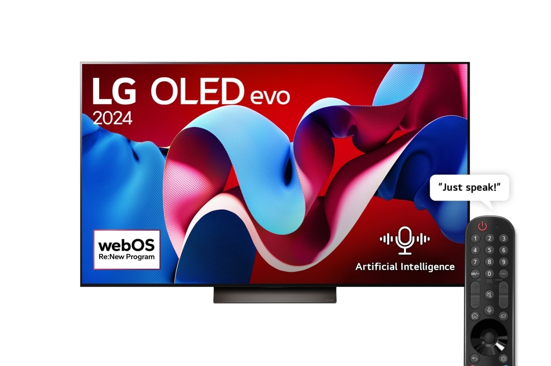 LG 65 Inch LG OLED evo C4 4K Smart TV AI Magic remote Dolby Vision webOS24 2024, Front view with LG OLED evo TV, OLED C4, 11 Years of world number 1 OLED Emblem logo and webOS Re:New Program logo on screen, as well as the Soundbar below, OLED65C46LA