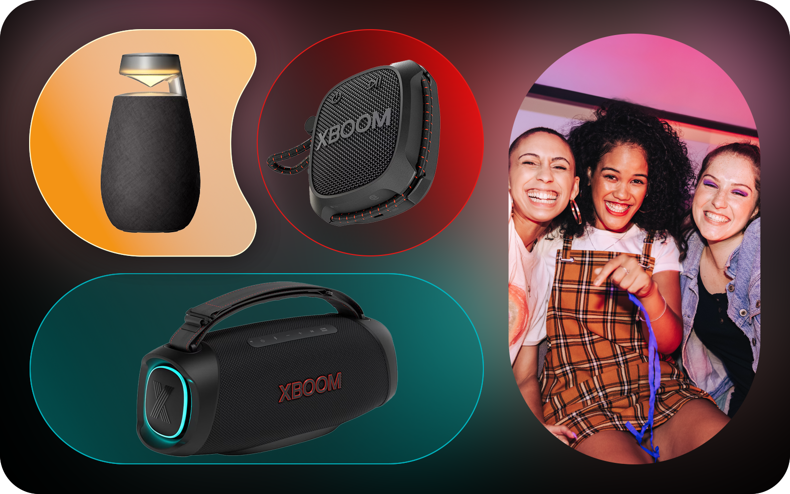 Collage of will.i.am with XBOOM Stage 301 and Bounce in combination with a party scene, part of XBOOM by will.i.am promo