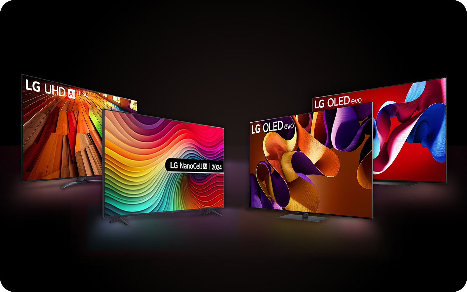 Four LG smart TVs in various colors: OLED evo TV, OLED TV, LG UHD AI and LG NANOCELL AI TV models displayed together.